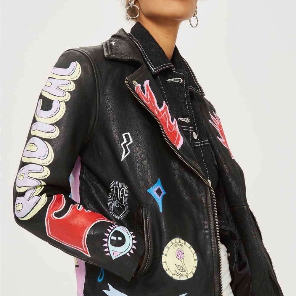 Women's Black Painted Graphic Leather Jacket